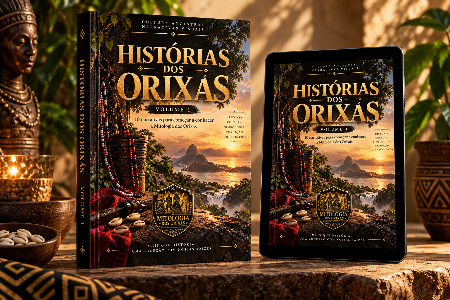 Livro Histórias dos Orixás Volume 1 apresentado em formato físico e digital
